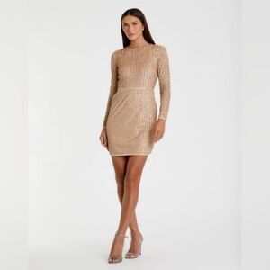 NWT Mac Duggal Nude Long Sleeve Sequin Mini Dress